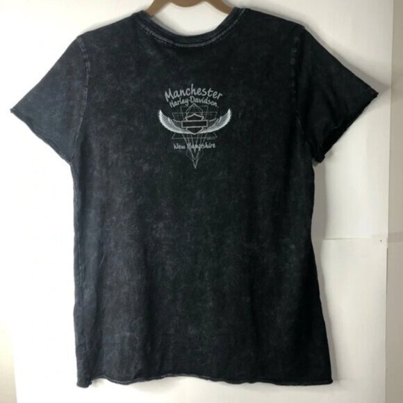 Harley Davidson Women Tee L Black Acid Wash Graphic Logo New Hampshire - Picture 9 of 9